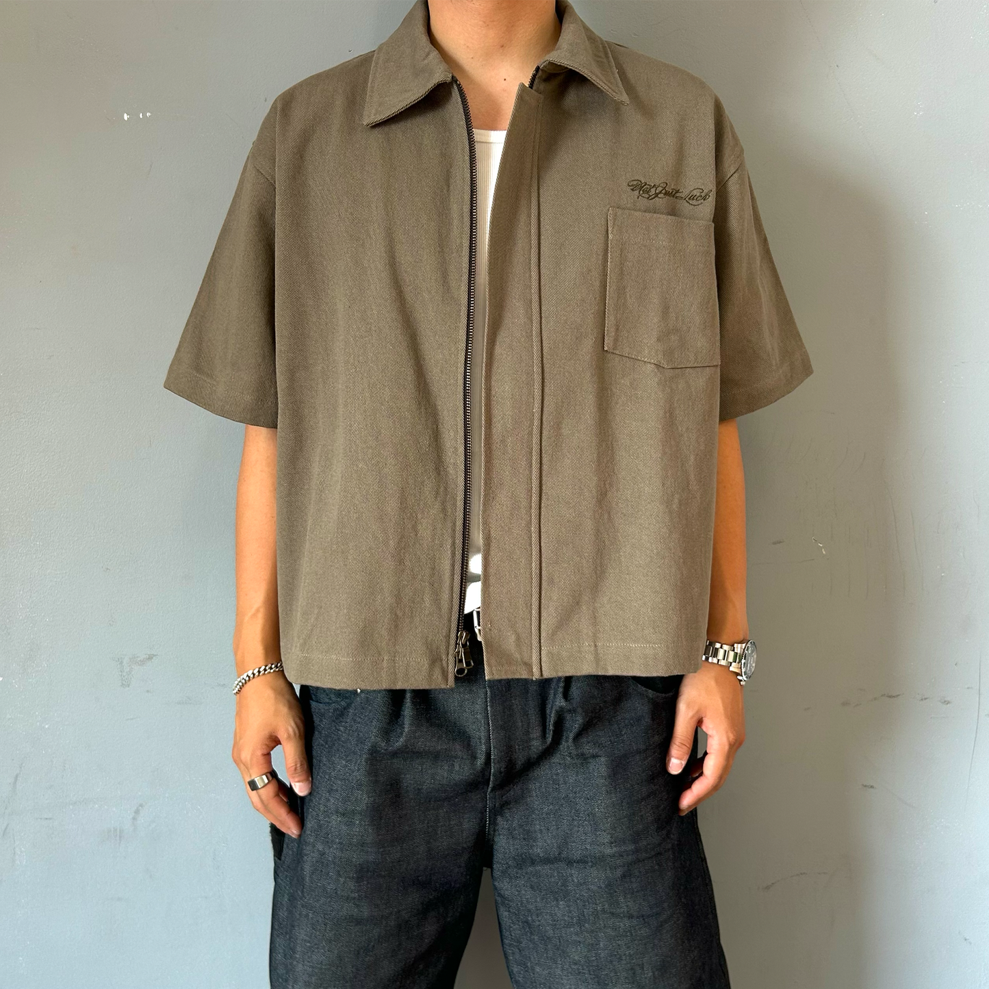 DENIM ZIP OVERSHIRT - DEEP GREEN